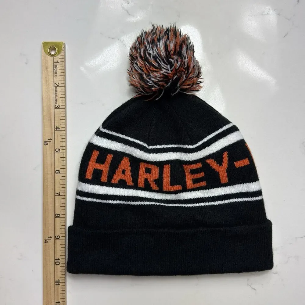 Harley Davidson Knit Beanie Hat Black Orange Spell Out Cuffed Winter Cap